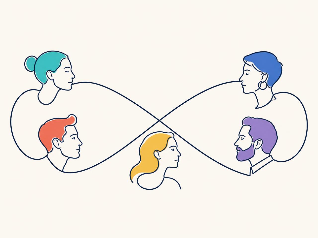 Ilustración lineal de un símbolo de infinito con cinco perfiles humanos, cada uno de un color distinto